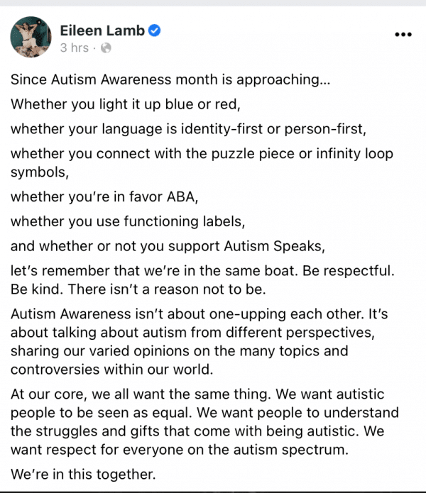 instagram square from Eileen Lamb about the types of autism awareness
