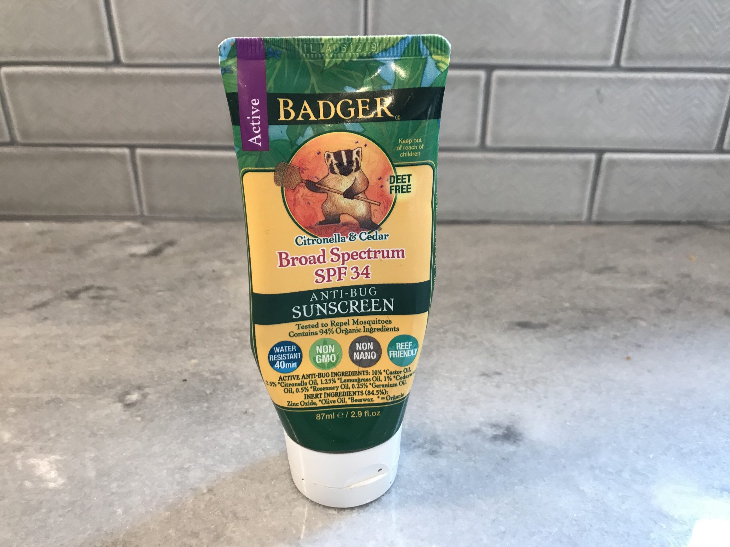 Picture of a tube of Badger anti bug sunscreen favorites 