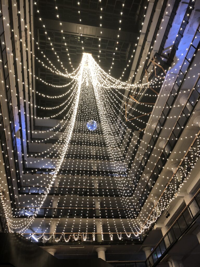 holiday lights in the atrium of Crosstown