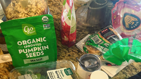 food scattered over kitchen counter